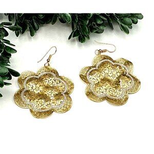 Gold Tone Layered Floral Drop Earrings With Intricate Laser Cut Design